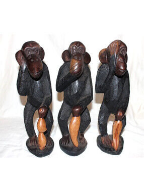 Vintage African Hand Carved Wood 3 Wise Monkeys See Hear Speak No Evil 12"